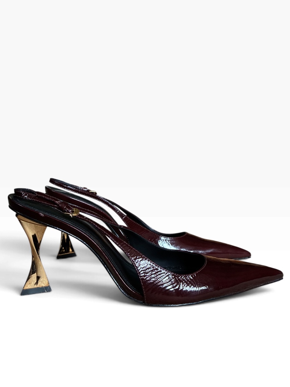 Schutz Elisha Burgundy Maplewood Patent Leather Slingback Pumps Gold Heels 10.5 - Picture 13 of 15